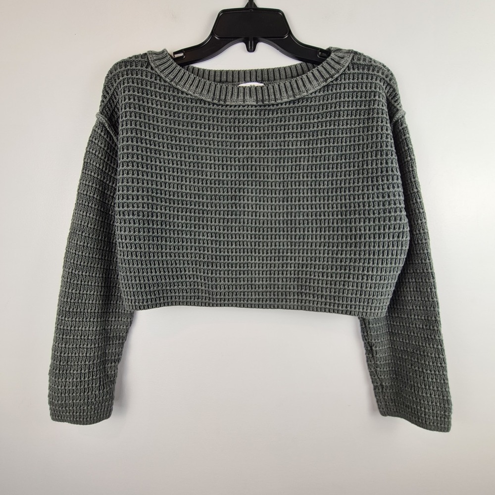 BP Gray Green Long Sleeve Pull Over Sweater Women's Small Cropped Ribbed Knit